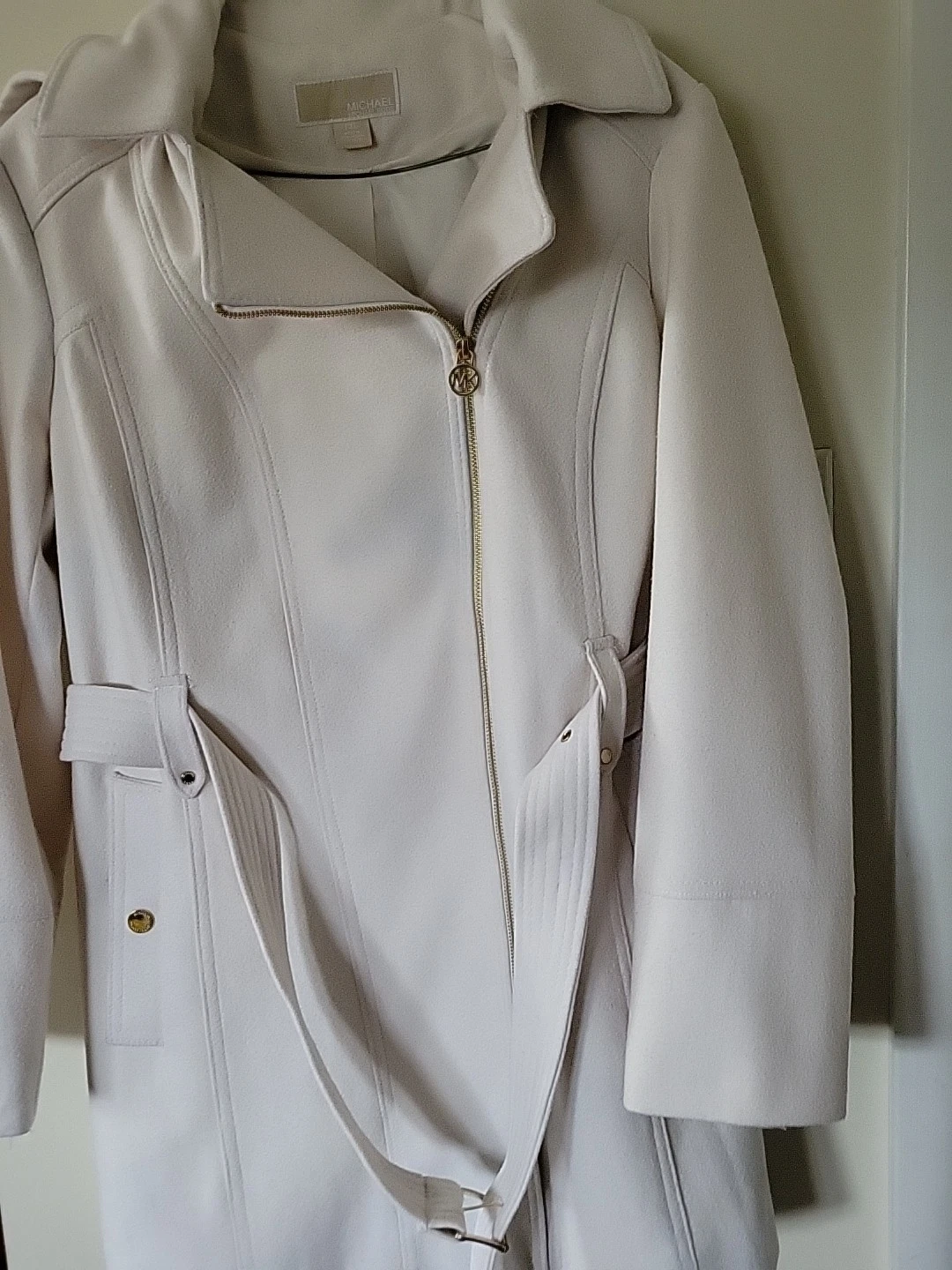 Cappotto donna lana Michael Kors cappuccio staccabile e cintura bianco sporco taglia PXL