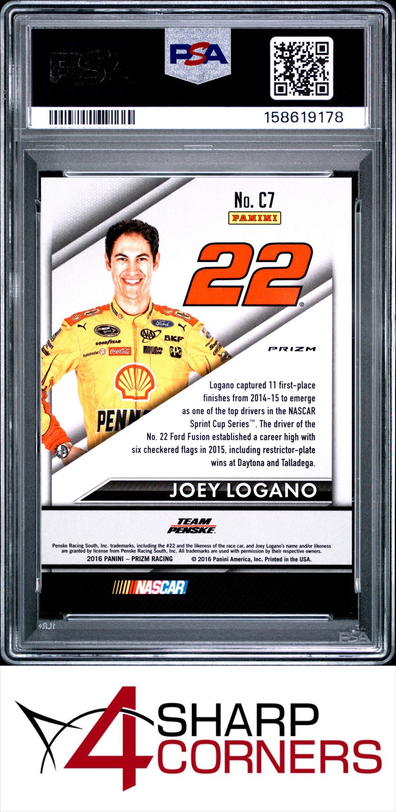 2016 PANINI PRIZM COMPETITORS SILVER #C7 JOEY LOGANO POP 2 PSA 10 view 2