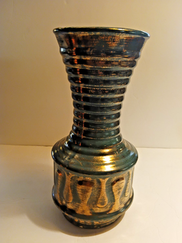 Vintage Mid Century Pottery Large Green Gold Brushed Vase 12" - Picture 9 of 9