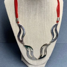 Retro Modern Swish Necklace 20 In As Is Red Suede Cord Silver Wavy Links Mod