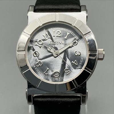 Activa Womens Watch 31mm Silver Tone Black Leather Band 30M New Battery