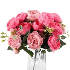 4 Bundles Artificial Peony Silk Bouquet Rose Red Pink Fake Flowers Bulk Decor