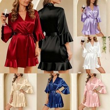Womens Silk Ruffle Robe Short Satin Kimono Robe 3/4 Sleeve Bathrobe Bridesmaid