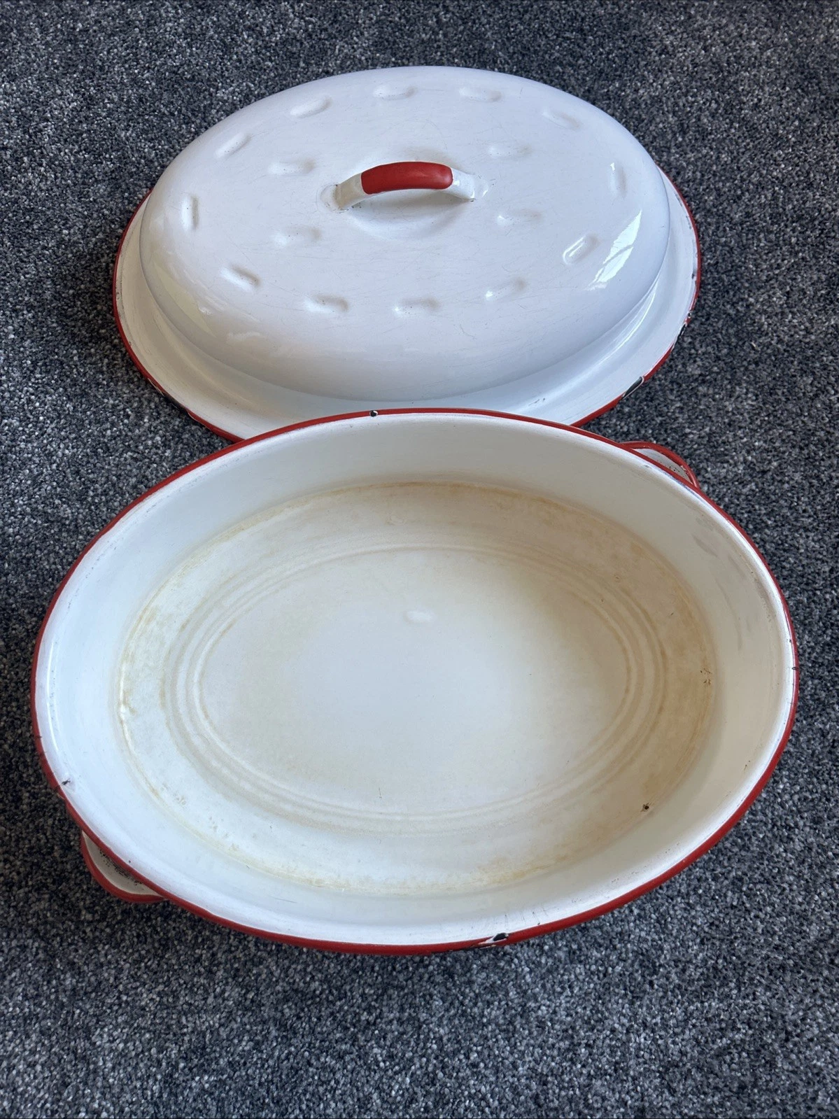 Vintage Enamel Ware Roasting Pan With Dome Lid White And Red Family Size
Opens in a new window or ta