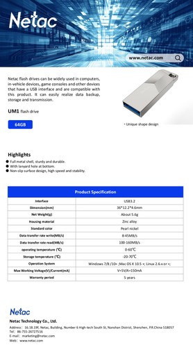 Netac UM1 High Speed USB Stick USB 3.2Gen1 64GB Metal Shell Pendrive 4nos - Bild 11 von 11