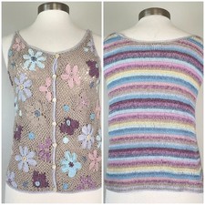 Vintage Boho Hippie Fairy Crochet Vest Sz Small Pastel Rainbow Floral Open Knit