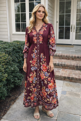DALIA MACPHEE New Floral Button Front Midi Dress Long Sleeve Crimson LARGE | eBay DALIA MACPHEE New Floral Button Front Midi Dress Long Sleeve Crimson LARGE | eBay
