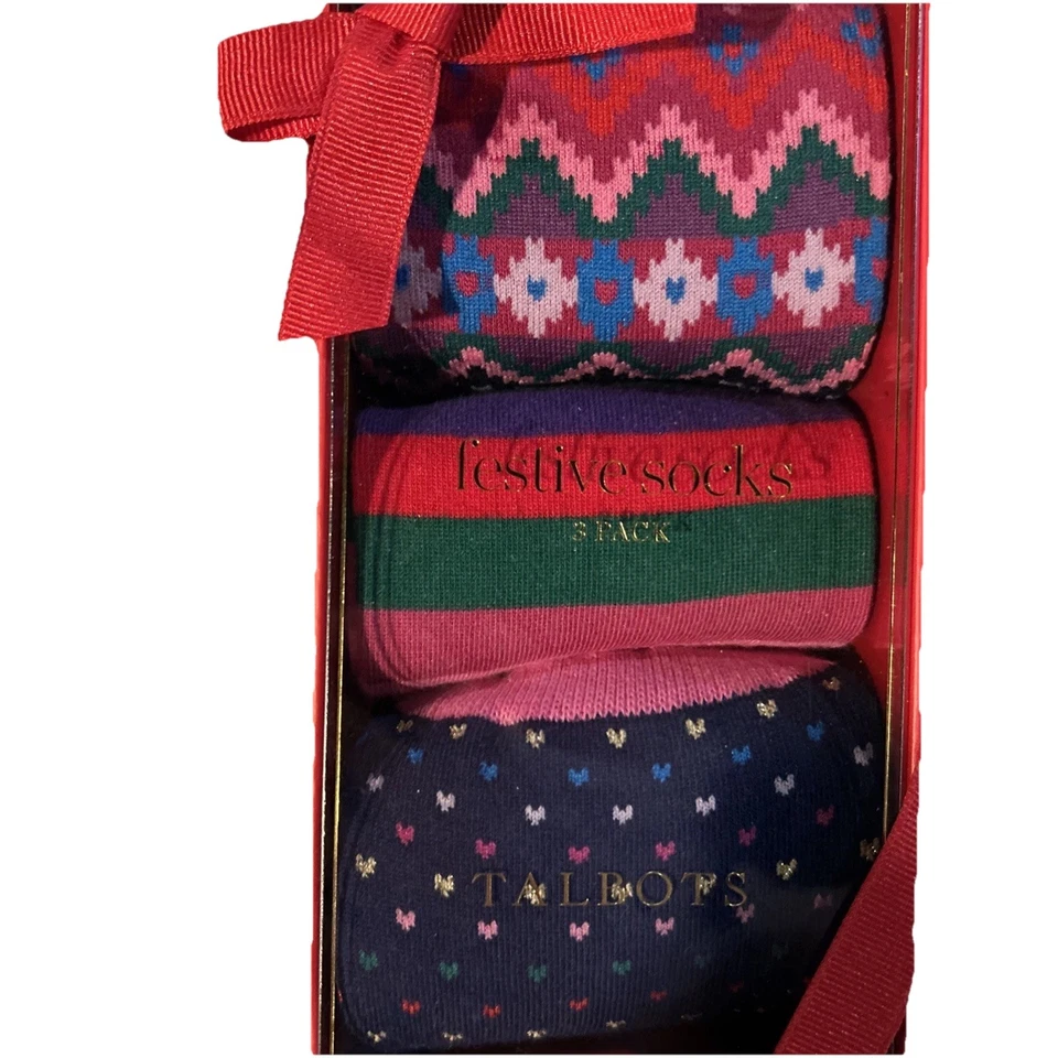 Paquete de 3 calcetines Talbots Crew festivos estampados rosa/azul/rojo ajustados 9-11 nuevos Foto 2 de 3