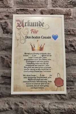 Urkunde Für Den beste Cousin Auf Der Welt Liebe Familie Geschenk Personalisiert