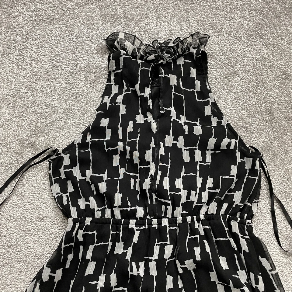 Vestido Merona Midi Halter Mujer Pequeño Negro Blanco Geométrico Gasa Volantes Línea Foto 4 de 4