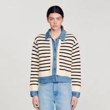 Sandro Denim splice streak knit Fake two pieces single-breasted jacket Coats