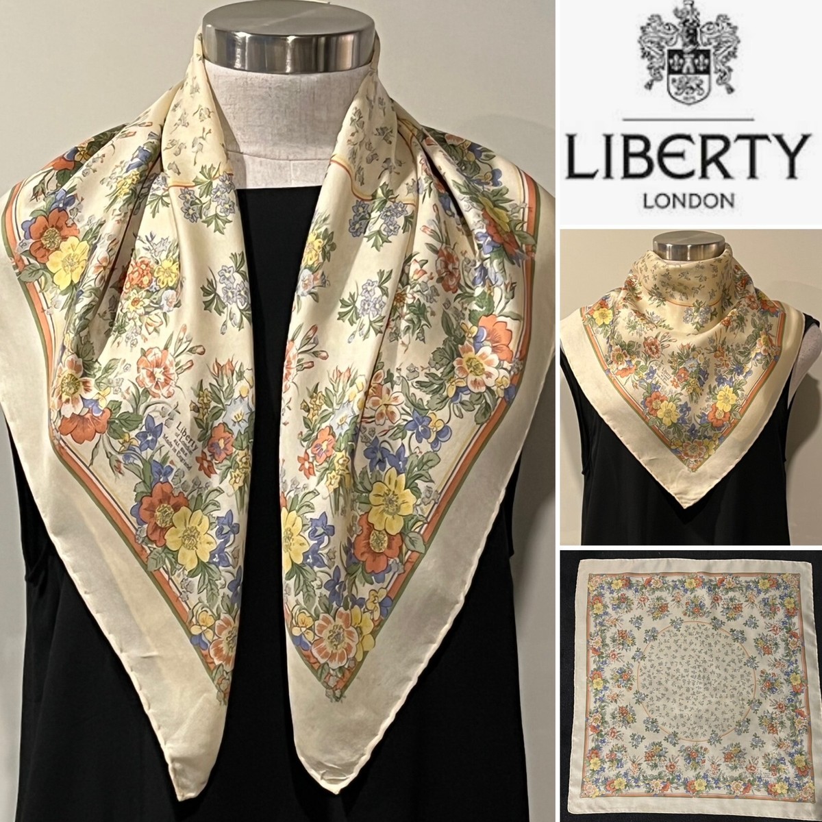 Liberty London Silk Twill Floral Ivory, Green,Lemon,Blue Scarf