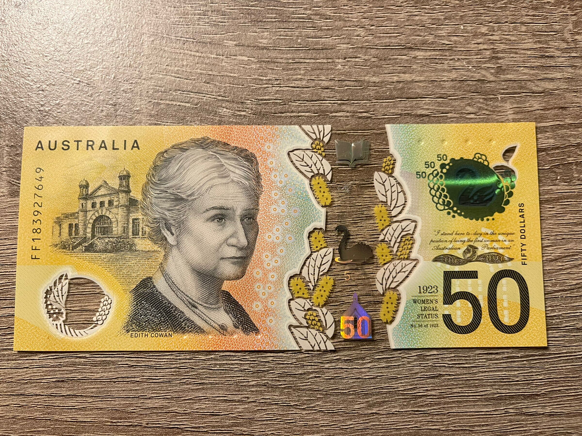 50 Australian Dollar Banknote. Single Australia 50 Bill DAVID UNAIPON EDITH