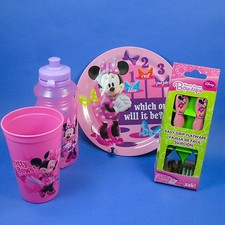 DISNEY MINNIE MOUSE Tumbler Plate Fork Spoon Cup Water Sport Bottle Mealtime Set