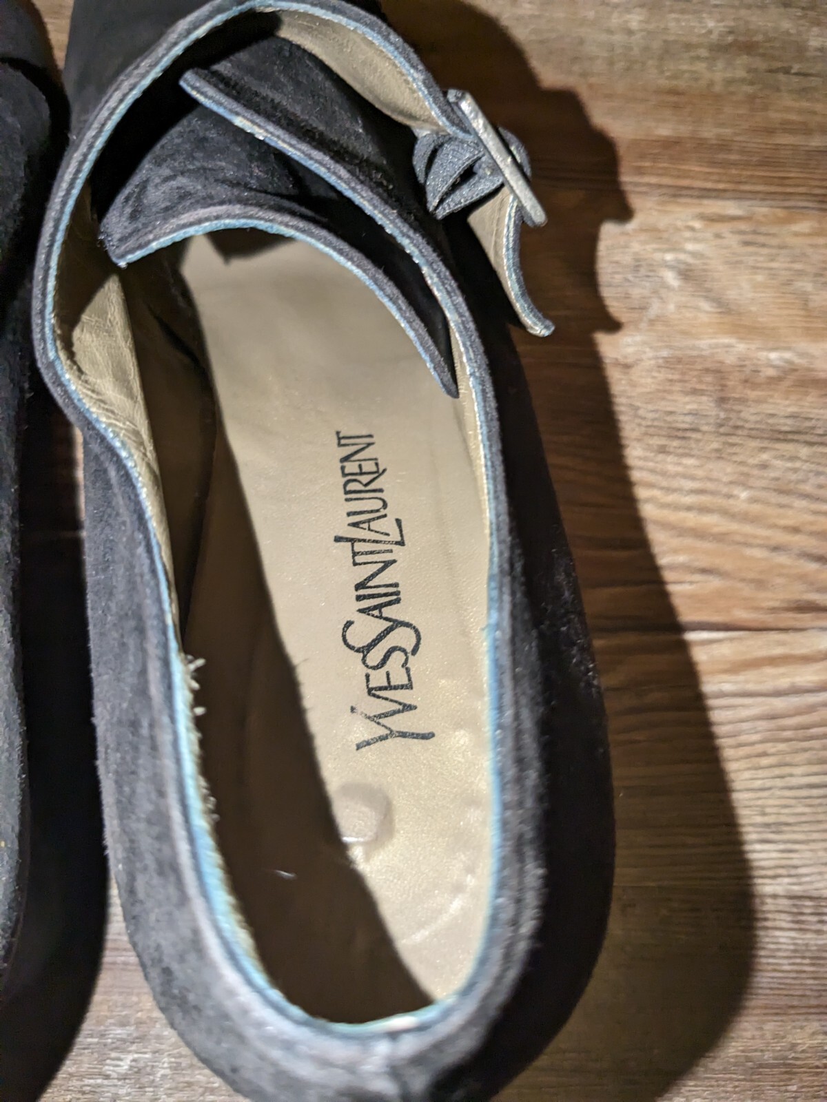 Vintage Yves Saint Laurent tacco nero pelle scamosciata fibbia taglia 11