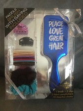 SI CORP BLUE PADDLE BRUSH SET WITH 2 CLIPS, 2 FABRIC PONYTAILS  10 ELASTICS