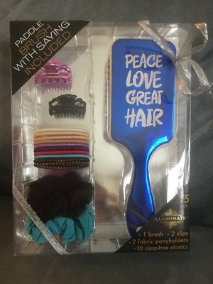 SI CORP BLUE PADDLE BRUSH SET WITH 2 CLIPS, 2 FABRIC PONYTAILS & 10 ELASTICS