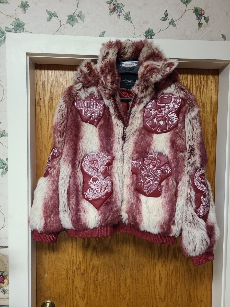 X Rare Maroon United Face real leather faux fur jacket