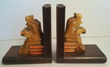 Vintage Pair Folk Art Carved Wood Bookends - Old Men Reading Sitting On Books 