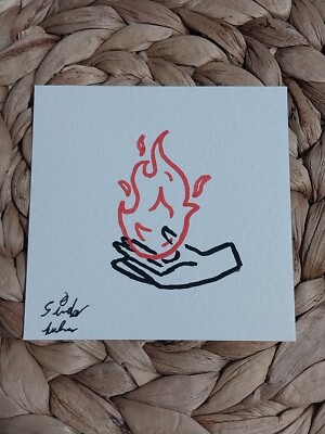 3x3 Inch Acrylic Painting On Watercolor Paper Woman's Hand Hold8ng Fire Anime M1