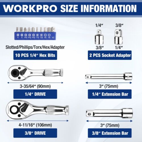 WORKPRO Stubby Ratchet Bit Driver Set 16PC 3/8" 1/4" Drive Ratchet Handle Wrench - Picture 6 of 10