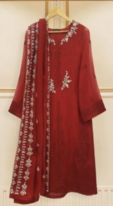 Pakistani Designer Agha Noor CHIFFON 4pc Embroidered Kameez, Red  Dupatta NWT