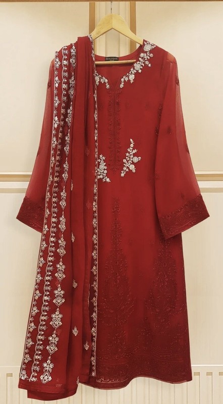 Pakistani Designer Agha Noor CHIFFON 4pc Embroidered Kameez, Red  Dupatta NWT