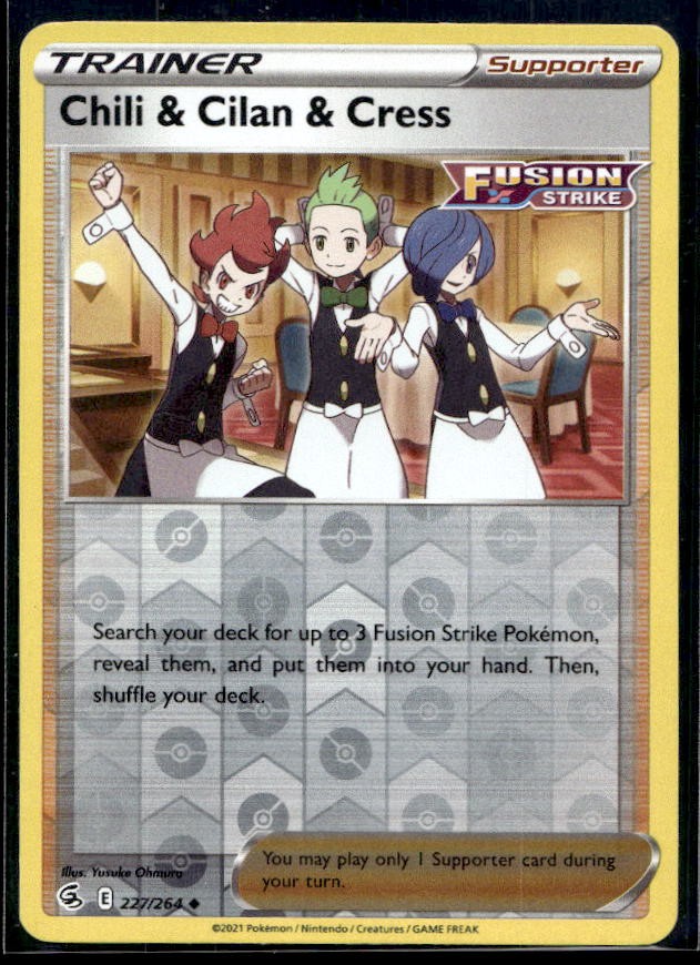 Chili & Cilan & Cress Pokemon SWSH08: Fusion Strike 227/264 Reverse Holo LP