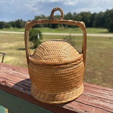 Vtg Chinese Wedding Basket Woven Wicker Rattan w/ Bamboo Handle & Dome Lid
