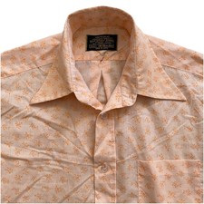 70s Sears Short Sleeve Shirt Large Peach Pattern Big Collar Disco