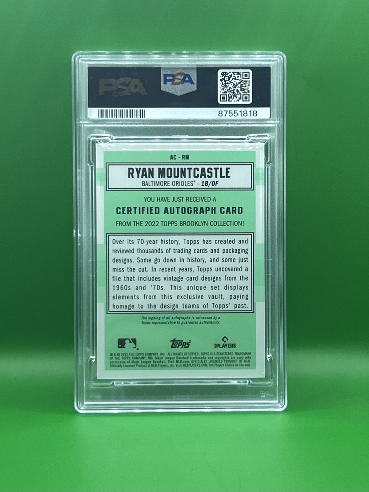2022 Topps Brooklyn Collection- Autograph Ryan Mountcastle /99, PSA 10 view 2