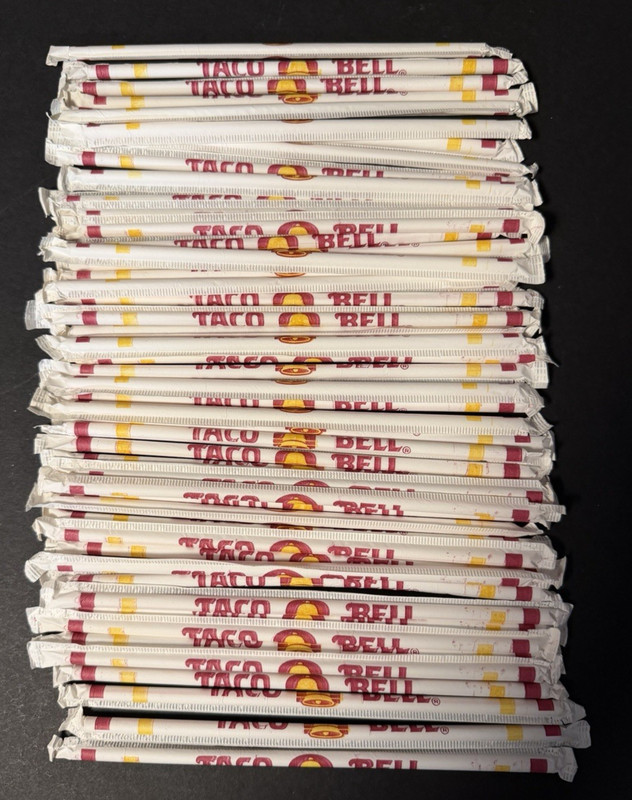 Lot of 50 Vintage NOS Unopened 1980s Taco Bell Plastic Straws in Paper Wrapping