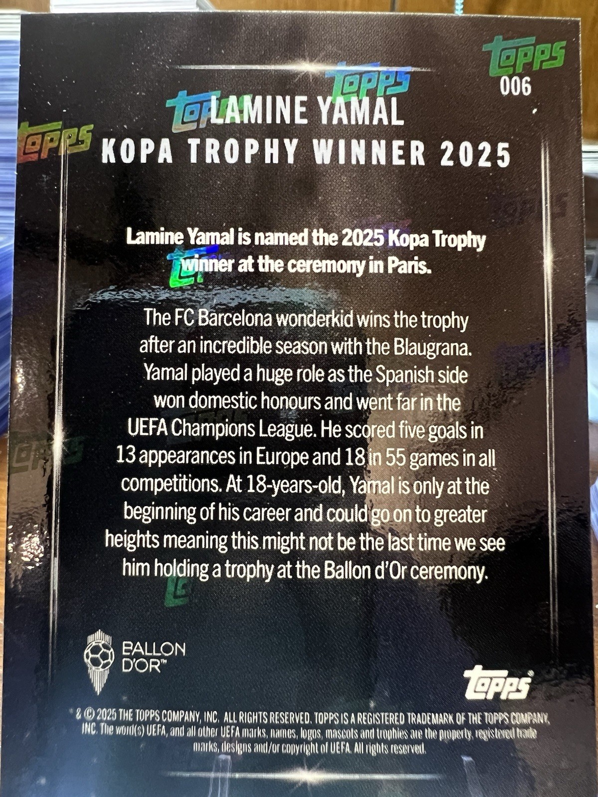 2025 Topps Now Lamine Yamal RC Kopa Trophy Winner #006 view 2