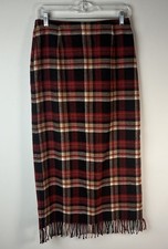 Vintage Wool Blend Plaid Maxi Skirt Fringe Hem Blue Sag Harbor Hippy Boho Sz 6