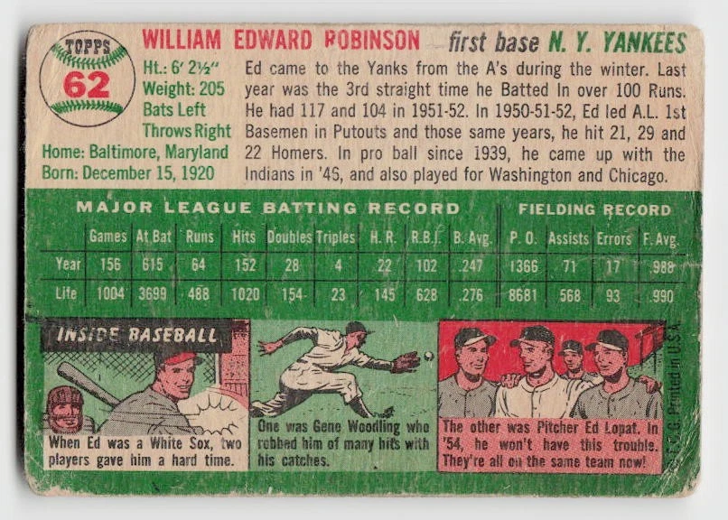1954 Topps #62 Eddie Robinson - Image 2 of 2