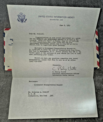 1972 USIA Special Delivery Letter Govt Transportation SIGNED Request N. Petroff