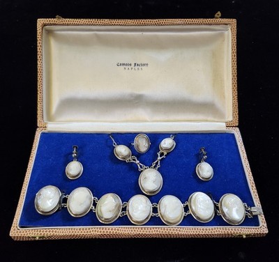 Vintage 800 Silver Naples Italy Cameo  Necklace, Earrings, Ring and Bracelet Set