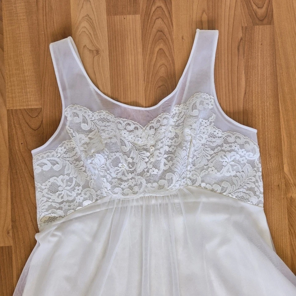 Camisón largo de nailon de encaje blanco Shadowline talla M superposición transparente romántico nupcial Foto 4 de 4