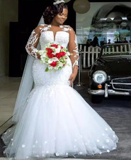 Sexy Wedding Dress Pearl Crystal Decal Mermaid Long Sleeve Tulle Lace Formal