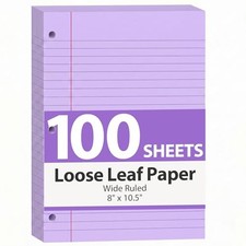 Loose Leaf Paper, 100 Sheets 8"x10.5" Colored Notebook Paper, 3-Hole Purple