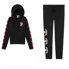 Brand New Victoria's Secret Pink Full Zip hoodie Pants Set Large Black