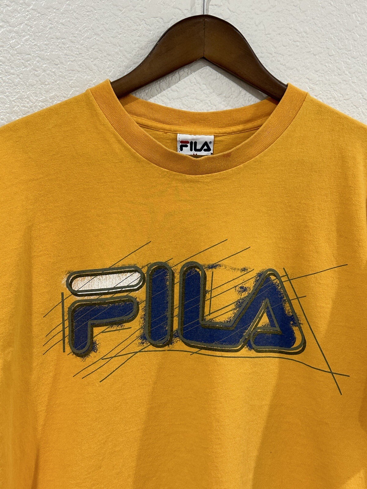 Camicia Fila VINTAGE Adulto Medio Arancione Manica Corta Grafica Logo Maglietta Uomo anni '90
