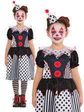 Monochrome Clown Dress Girls Jester Clown Halloween Fancy Dress Outfit Kids