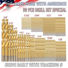 99PCS Drill Bit Set 1/16"-3/8" HSS Titanium Multi Drill Bits Twist Metal Tools