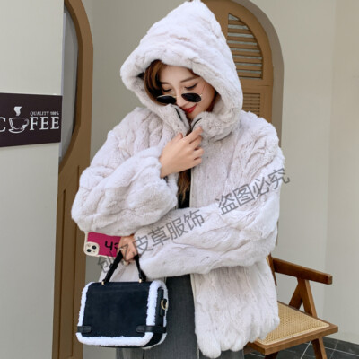 Fashion Winter Hooded Womens Real Rex Rabbit Fur Short Coat