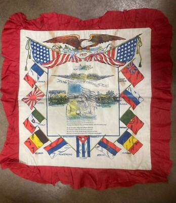 WW I Pillowcase Silk 1917 The Farewell with Country Flags 