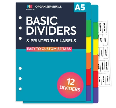 NBPLANNER 12-part Filofax A5 COMPATIBLE basic card dividers with clear printed tab labels