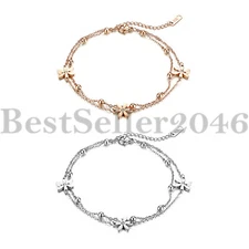 Women Girls Stainless Steel Charm Flower 2 Layer Chain Bracelet Cuff Adjustable