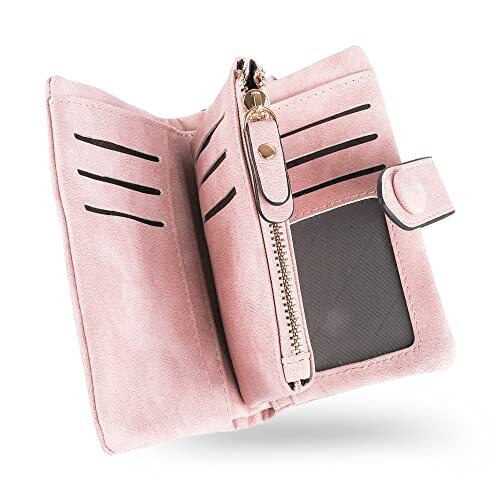Wristlet Wallets for Women, Leather Bifold RFID Wallet with ID Small Pink