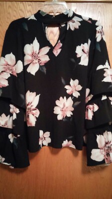 Hem & Threads Beautiful Black Floral RUFFLED Sleeves NWT BLOUSE